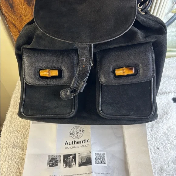 GUCCI Black Leather Suede Bamboo Top Handle Backpack Excellent Condition Black - Picture 4 of 12